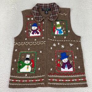Hampshire Studio Snow Wool Blend Sweater Vest Women Medium Snowman Holiday Brown